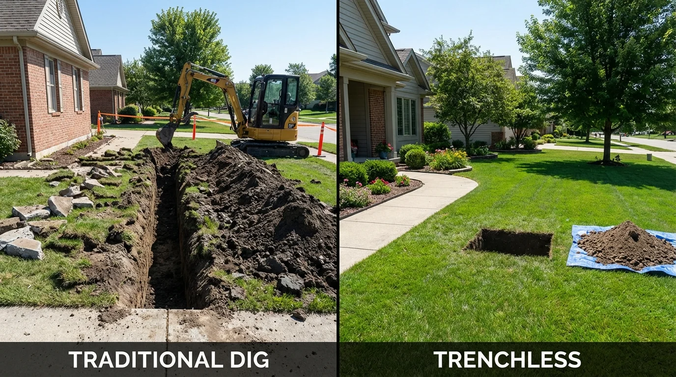 Trenchless sewer repair with minimal yard damage versus traditional excavation in Henderson, KY