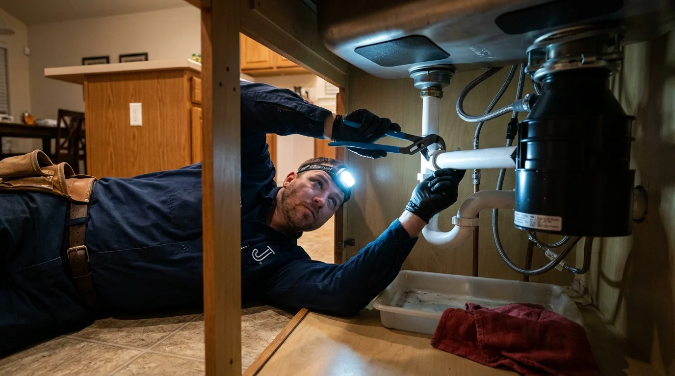 P-trap and supply line connections under a kitchen sink showing a common leak point in Henderson, KY